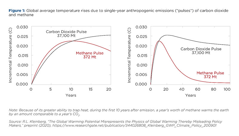 Figure 1: Global average temperature rises due to single-year anthropogenic emissions (“pulses”) of carbon dioxide and methane.  