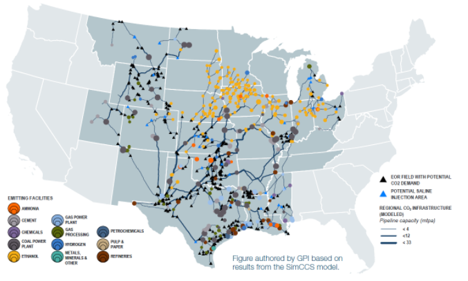 Figure 4: Potential CO2 transport corridors in the United States   Source: Great Plains Institute and University of Wyoming 